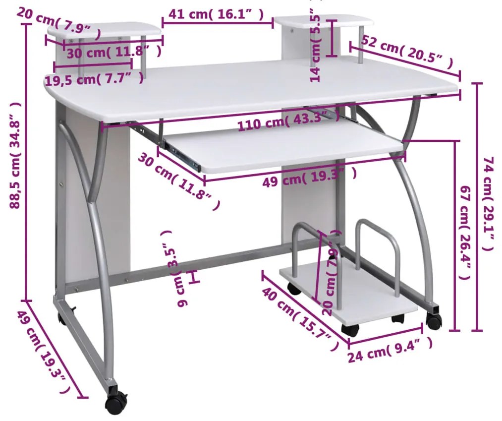 vidaXL Γραφείο Υπολογιστή Λευκό 110 x 52 x 88,5 εκ. Επεξεργασμένο Ξύλο