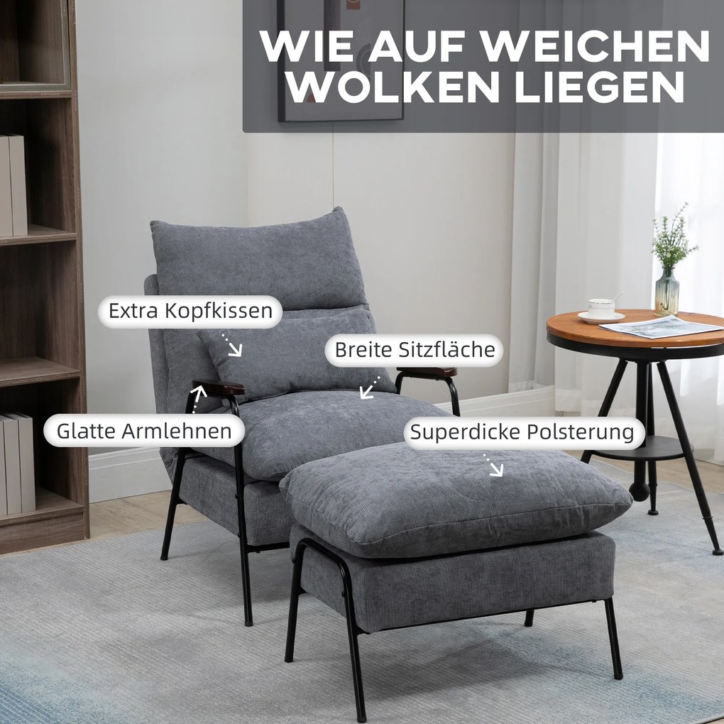 HOMCOM Πολυθρόνα με Οθωμανικό Πολυθρόνα χαλάρωσης, συμπεριλαμβανομένου μαξιλαριού, 68 cm x 91,5 cm x 88 cm, Ανοιχτό γκρι