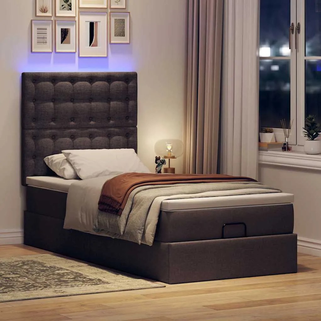 Οθωμανικό κρεβάτι με στρώμα &amp; LEDs Σκούρο καφέ 80x200cm ύφασμα 3314130