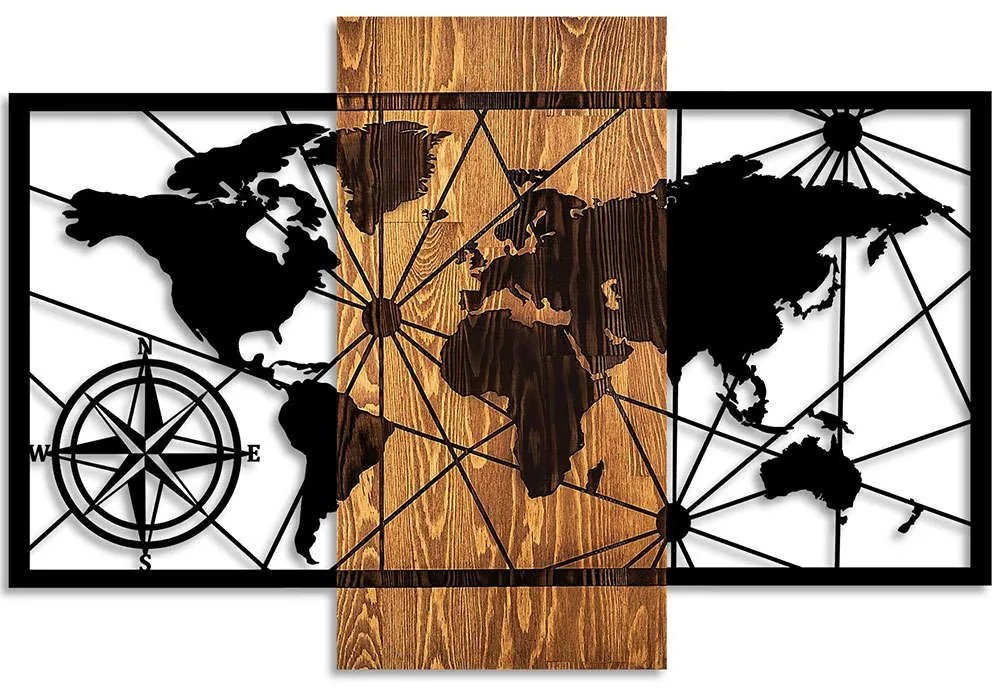 Διακοσμητικό Τοίχου World Map 899SKL2626 84x57cm Walnut-Black Wallity Metal,Wood