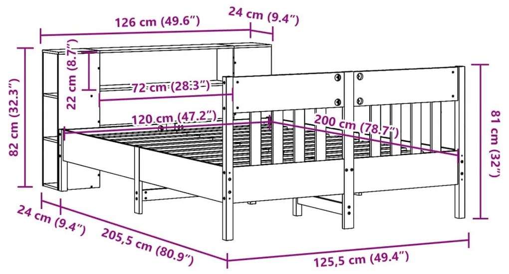 Κρεβάτι Βιβλιοθήκη Χωρίς Στρώμα 120x200 εκ Μασίφ Ξύλο Πεύκο - Λευκό