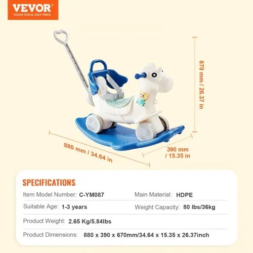 VEVOR 4 in 1 Rocking Horse for Toddlers 1-3 Years Ride on Toy with Sound Blue