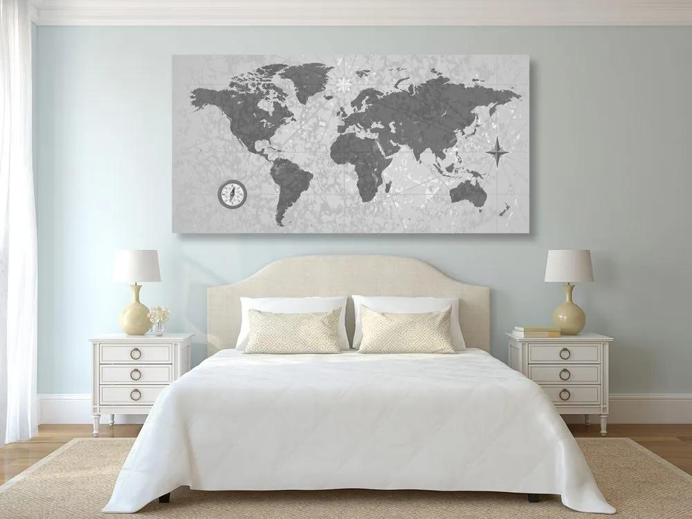 Εικόνα στον παγκόσμιο χάρτη από φελλό με πυξίδα σε στυλ ρετρό σε ασπρόμαυρο σχέδιο - 100x50  transparent