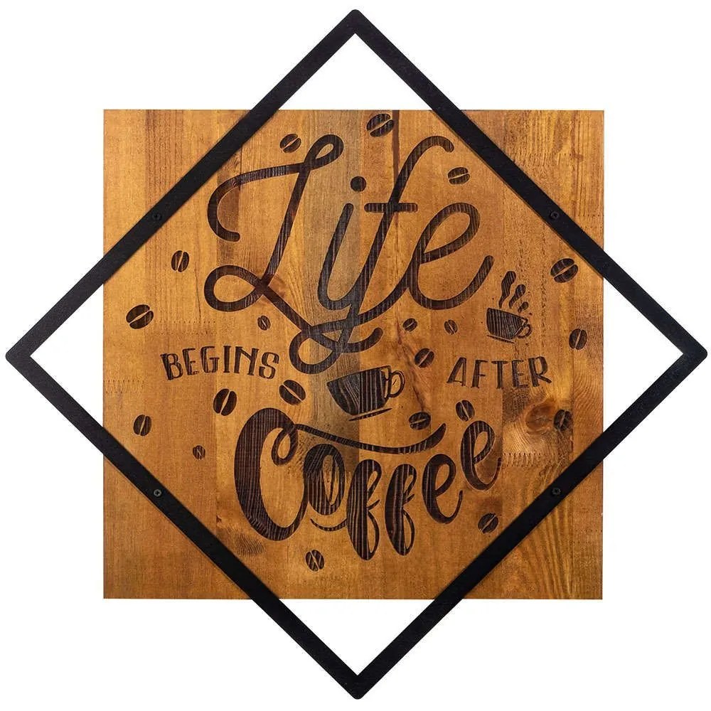 Διακοσμητικό Τοίχου Life Begins After Coffee 899SKL2137 54x54cm Walnut-Black Wallity Μέταλλο,Ξύλο