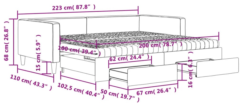 Καναπές Κρεβάτι Συρόμενος Μαύρος 100x200εκ Υφασμάτινος Συρτάρια - Μαύρο