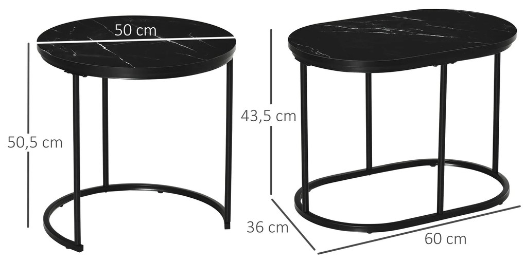 HOMCOM Σετ 2 τραπεζιών σαλονιού, Οβάλ και στρογγυλό τραπέζι καφέ, στοιβαζόμενα, όψη μαρμάρου, MDF, μέταλλο, Ø50 x 50,5Υ cm, Μαύρο