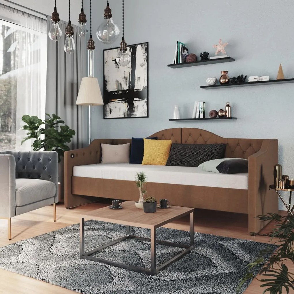 vidaXL Καναπές Κρεβάτι με Στρώμα & USB Καφέ 90 x 200 εκ. Υφασμάτινος