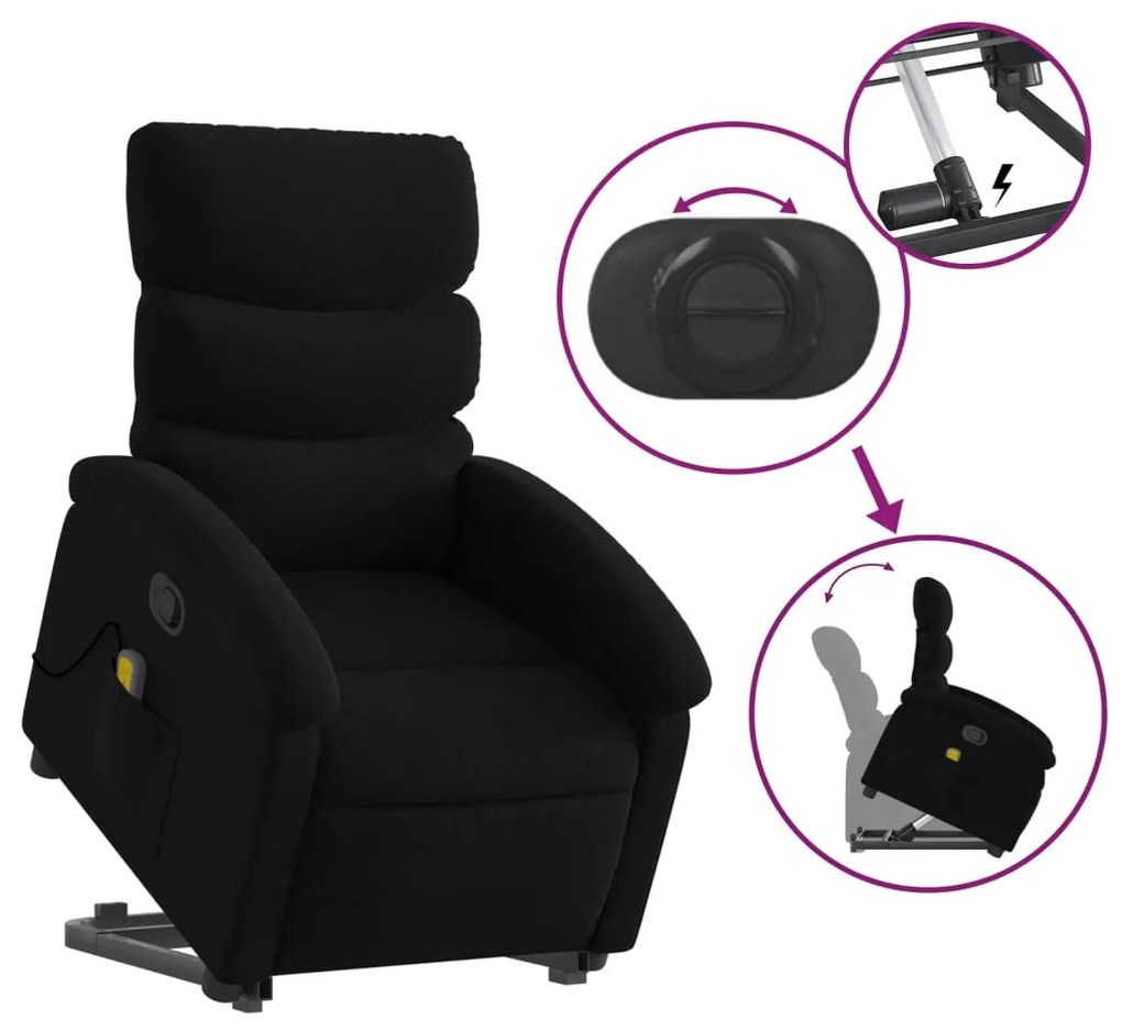 vidaXL Πολυθρόνα Μασάζ Ανακλινόμενη με Ανύψωση Μαύρη Υφασμάτινη