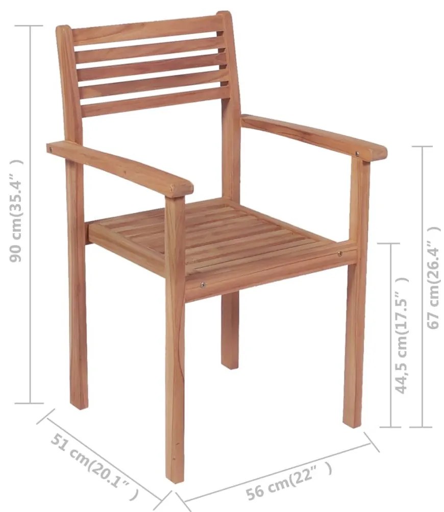 Καρέκλες Κήπου Στοιβαζ. 6 τεμ. από Μασίφ Ξύλο Teak με Μαξιλάρια - Γκρι