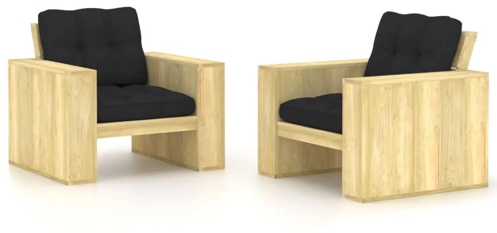 Καρέκλες Κήπου 2 τεμ. Εμποτ. Ξύλο Πεύκου &amp; Μαύρα Μαξιλάρια - Μαύρο