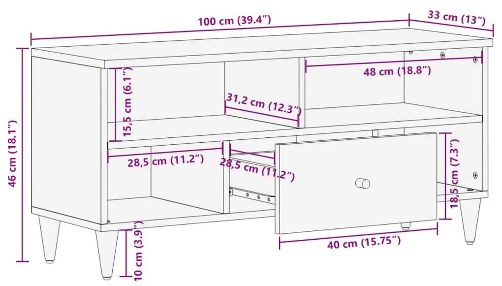 Έπιπλο Τηλεόρασης 100 x 33 x 46 εκ. από Μασίφ Ξύλο Μάνγκο - Μαύρο