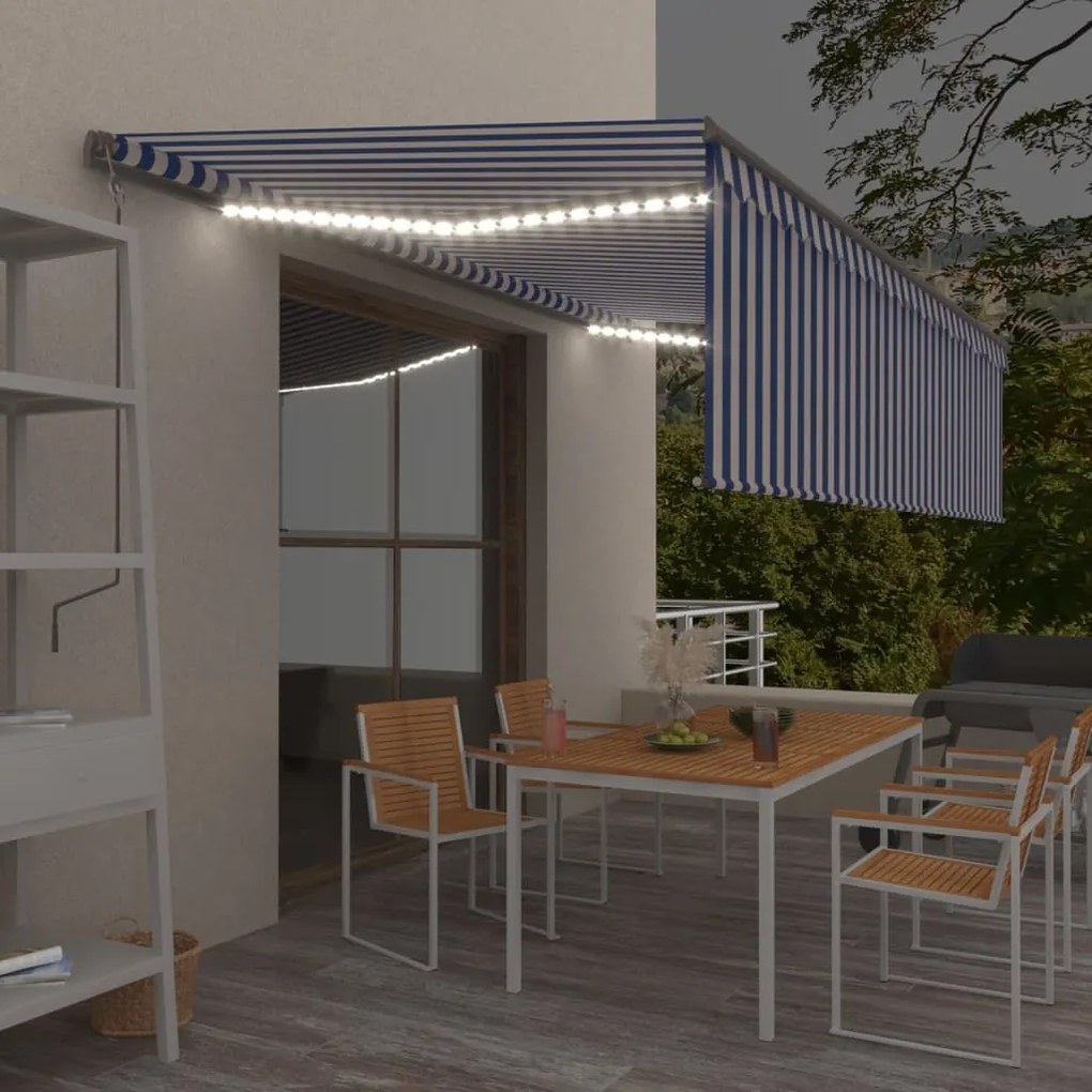 vidaXL Τέντα Συρόμενη Χειροκίνητη με Σκίαστρο &amp; LED Μπλε/Λευκό 5x3 μ.