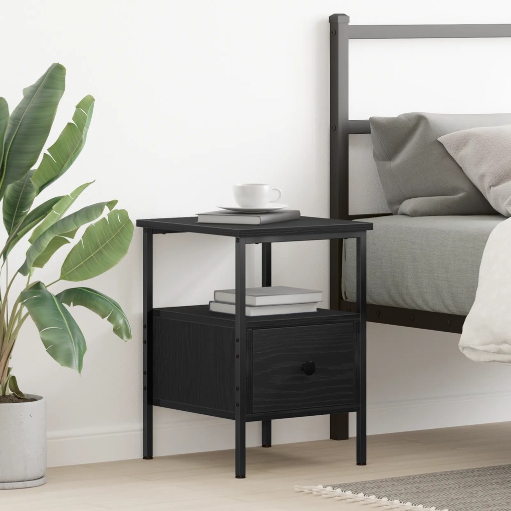vidaXL Κομοδίνο Μαύρο Δρυς 34x36x50 εκ Επεξεργασμένο Ξύλο και Χάλυβας