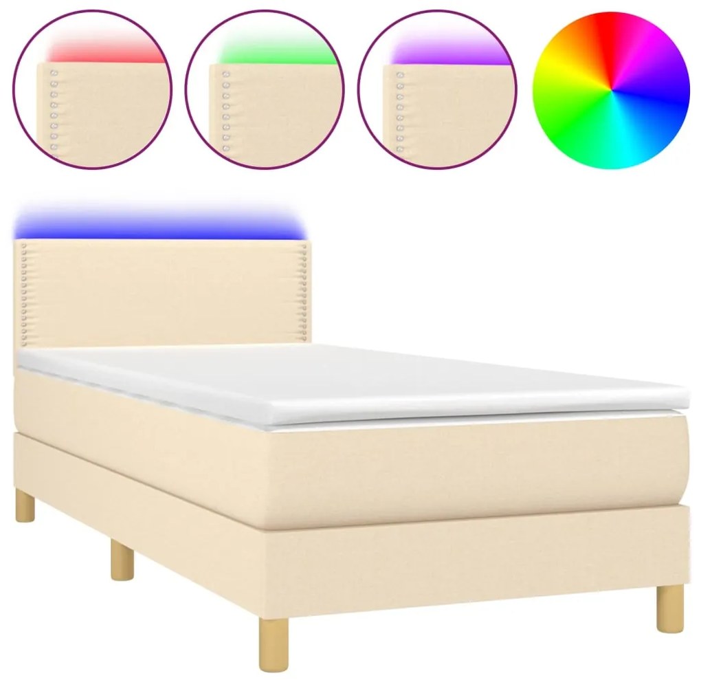 vidaXL Κρεβάτι Boxspring με Στρώμα &amp; LED Κρεμ 100x200 εκ. Υφασμάτινο
