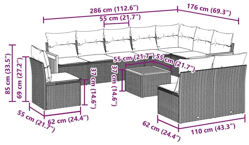 vidaXL Σαλόνι Κήπου Σετ 11 Τεμαχίων Μαύρο Συνθετικό Ρατάν με Μαξιλάρια