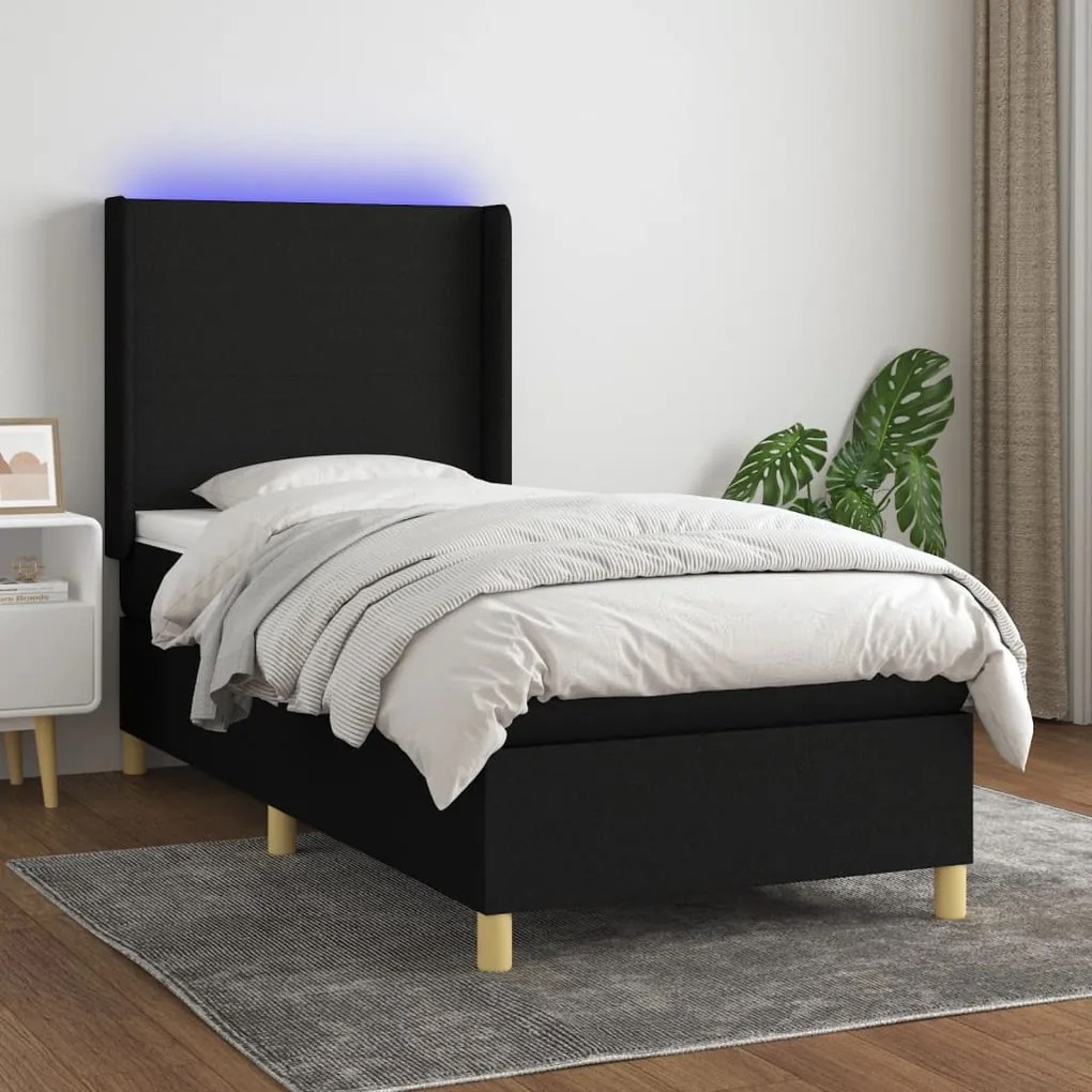 Κρεβάτι Boxspring με Στρώμα & LED Μαύρο 100x200 εκ. Υφασμάτινο