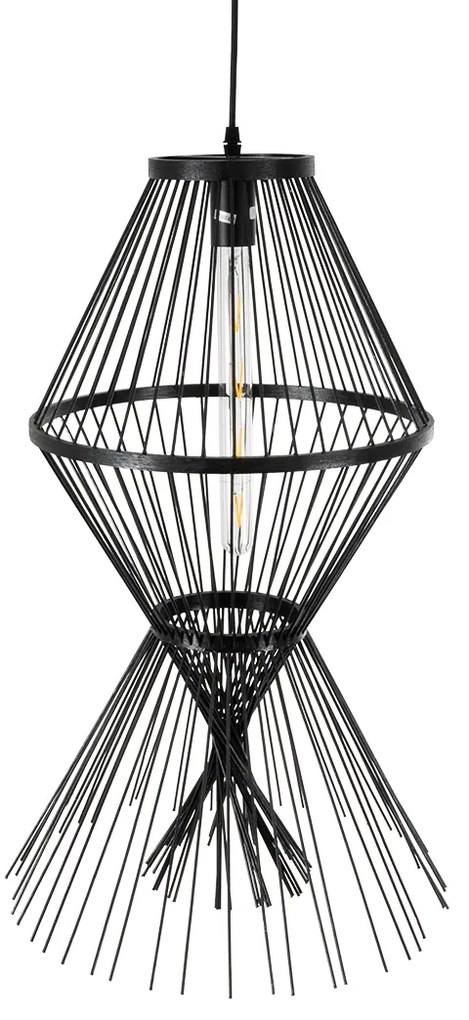 GloboStar® YOSHI 01929 Boho Κρεμαστό Φωτιστικό Οροφής Μονόφωτο 1 x E27 AC220-240V IP20 - Φ35 x Υ60cm - Μαύρο Ξύλινο Πλέγμα - 5 Χρόνια Εγγύηση