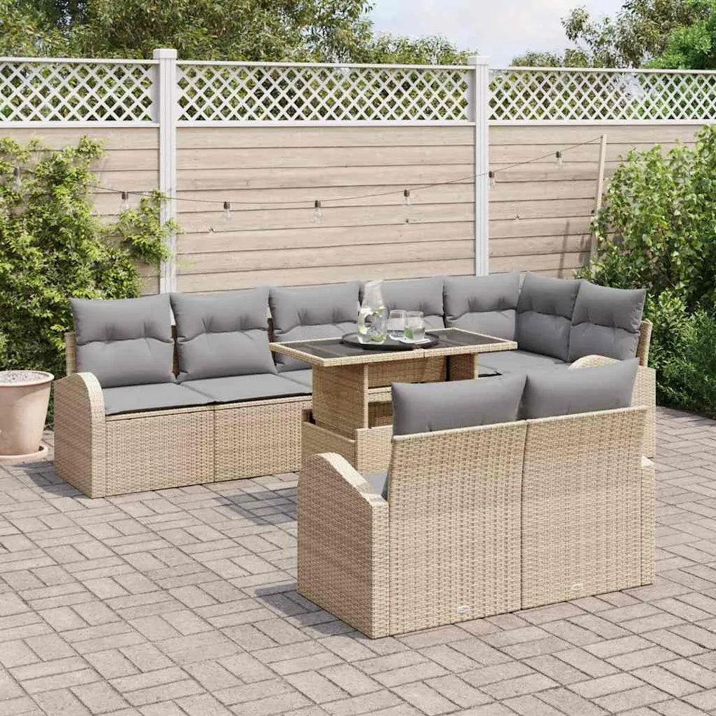 vidaXL Σετ Καναπέ Κήπου με αποθήκευση 9 pcs Μπεζ Πολυ ράταν