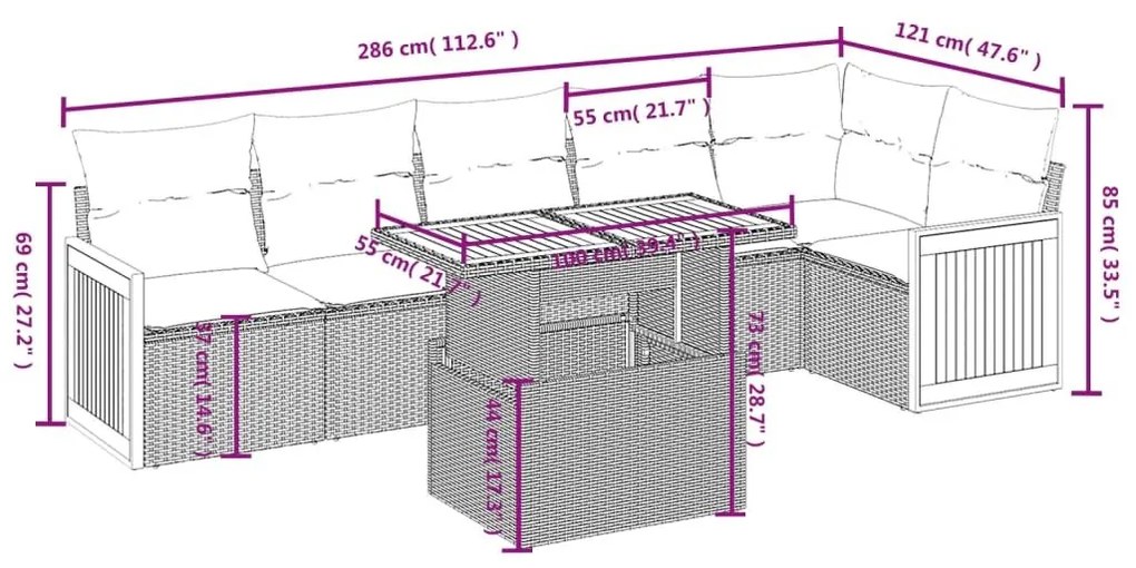 Καναπές Σετ 7 Τεμαχίων Μαύρο Συνθετικό Ρατάν με Μαξιλάρια - Μαύρο