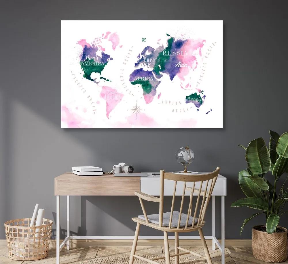 Εικόνα στον παγκόσμιο χάρτη φελλού σε σχέδιο ακουαρέλας - 90x60  color mix