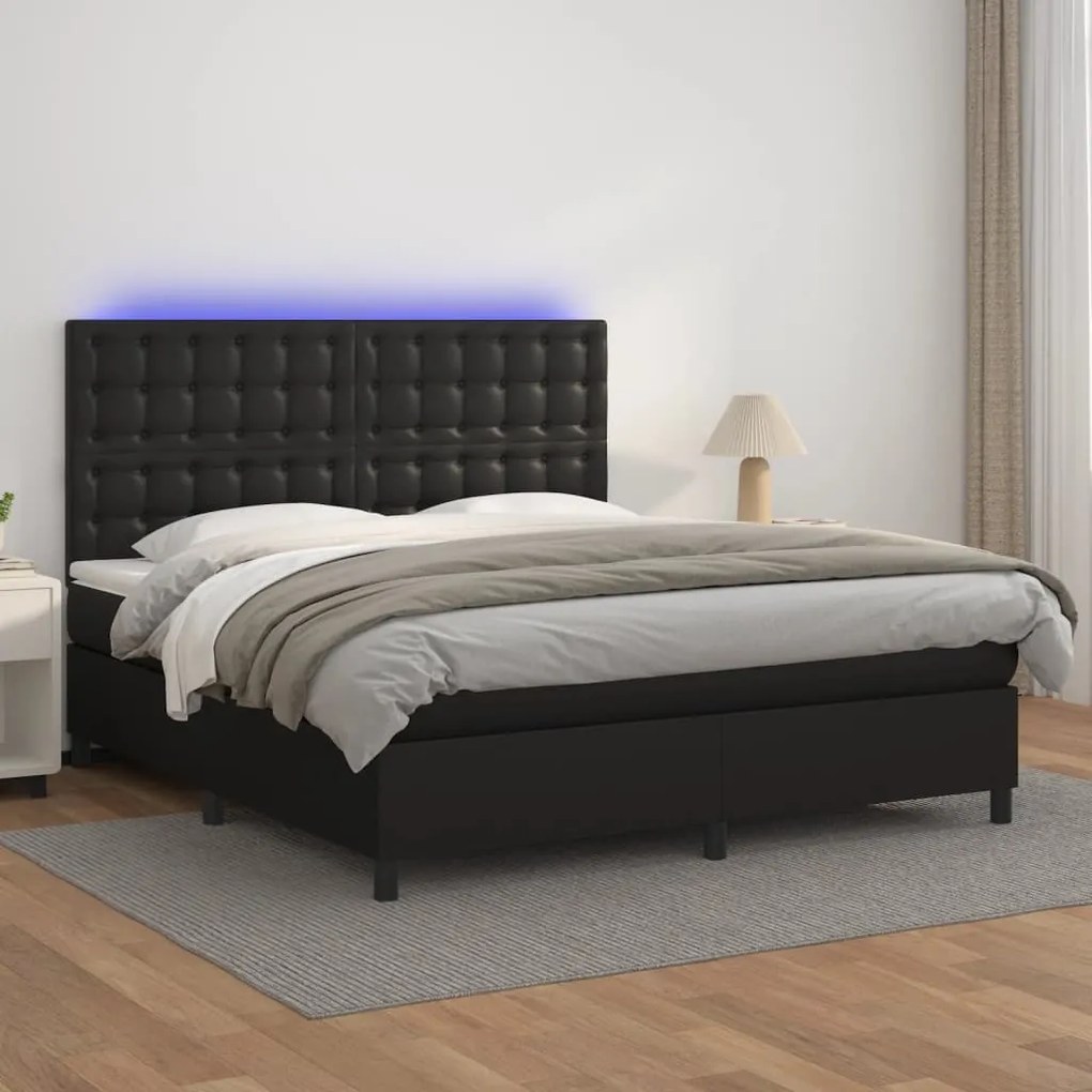 vidaXL Κρεβάτι Boxspring με Στρώμα & LED Μαύρο 180x200 εκ. Συνθ. Δέρμα