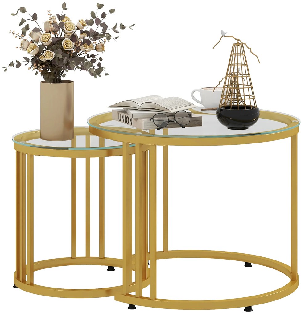 HOMCOM Σετ βοηθητικών τραπεζιών, 2 τραπέζια, ανθρακούχος χάλυβας, γυάλινη επιφάνεια, Ø60x47/Ø40x42 εκ., Χρυσό