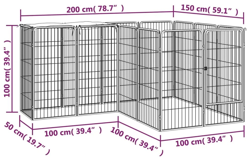 vidaXL Κλουβί Σκύλου 14 Πάνελ Μαύρο 50x100 εκ. Ατσάλι με Βαφή Πούδρας