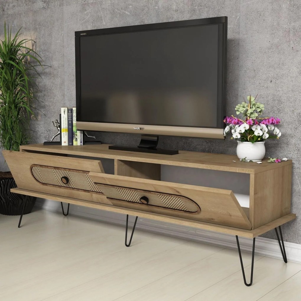 Έπιπλο τηλεόρασης C9511.02 Μελαμίνη σε Φυσικό OAK και Μεταλλικά πόδια 145x40x45Yεκ. 145x40x45 εκ.