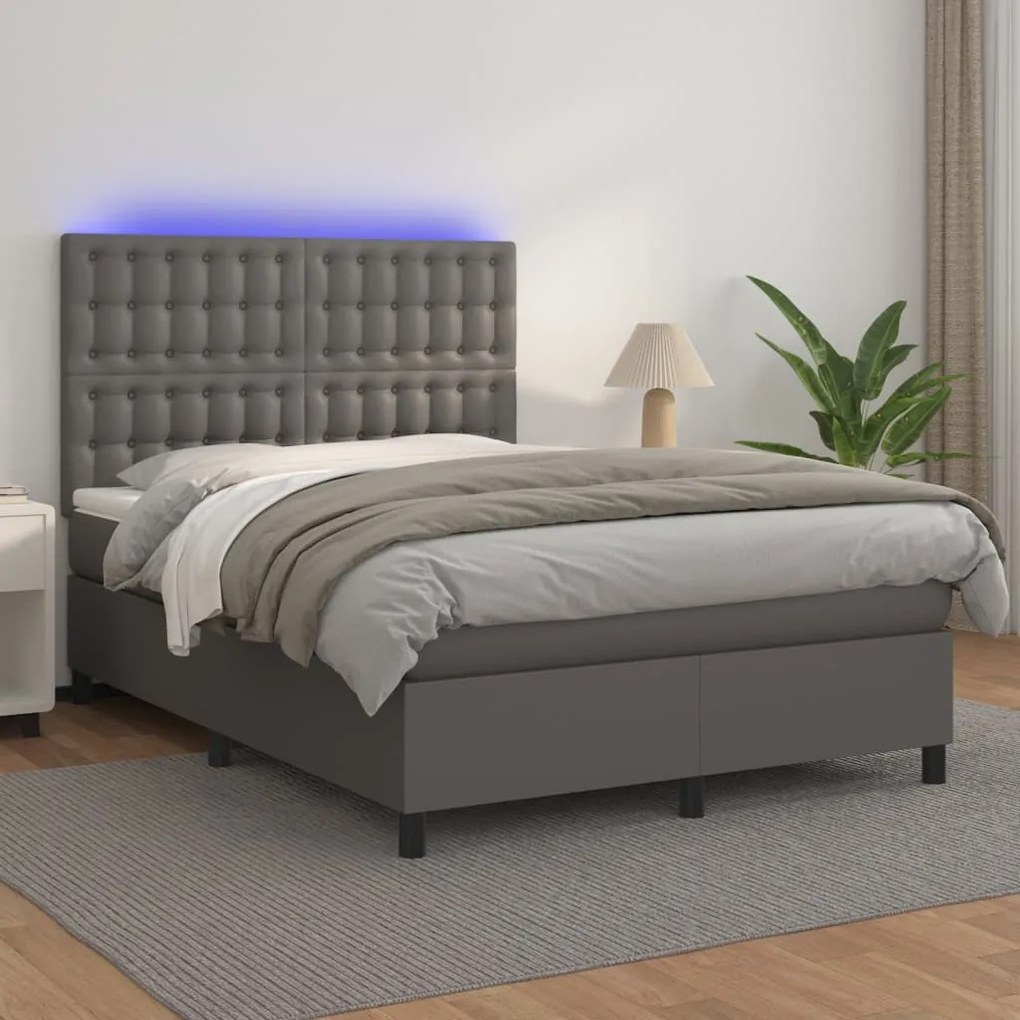 Κρεβάτι Boxspring με Στρώμα & LED Γκρι 140x200 εκ. Συνθ. Δέρμα