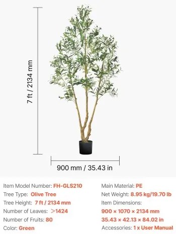 VEVOR 210cm Artificial Olive Tree Tall Fake Plant with Pot for Home Office