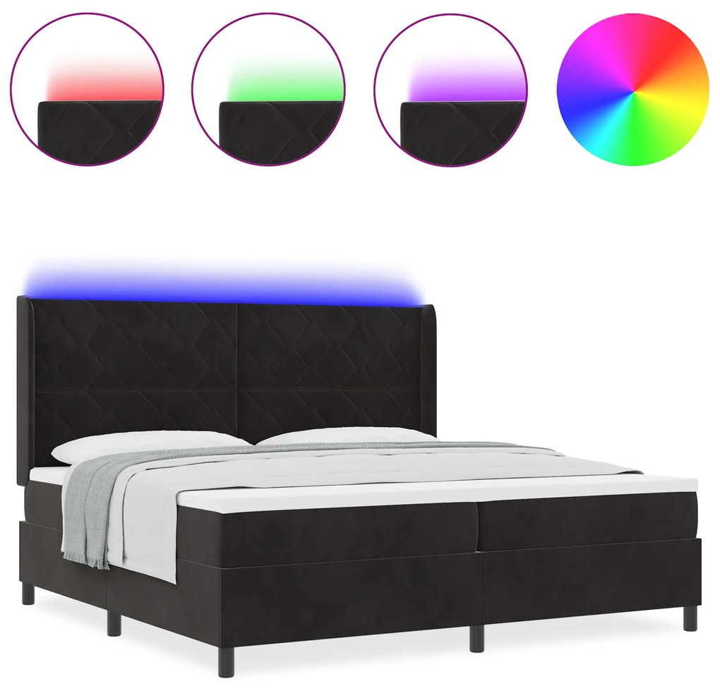vidaXL Κρεβάτι Box Spring με Στρώμα & LED Μαύρο 200x200 εκ Βελούδο