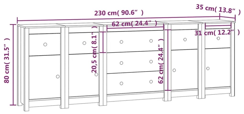 vidaXL Ντουλάπι Λευκό 230 x 35 x 80 εκ. από Μασίφ Ξύλο Πεύκου