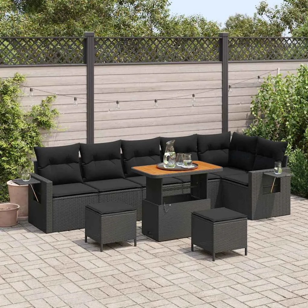 vidaXL Σετ Καναπέ Κήπου Ρυθμιζόμενο ύψος 9 pcs Μαύρο συνθετικό ρατάν