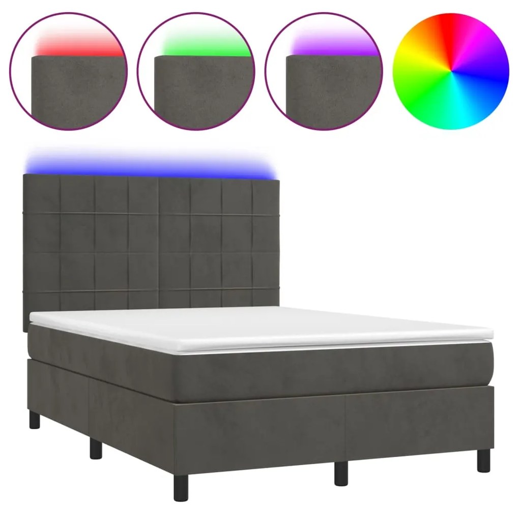 Κρεβάτι Boxspring με Στρώμα &amp; LED Σκ. Γκρι 140x190εκ. Βελούδινο - Γκρι