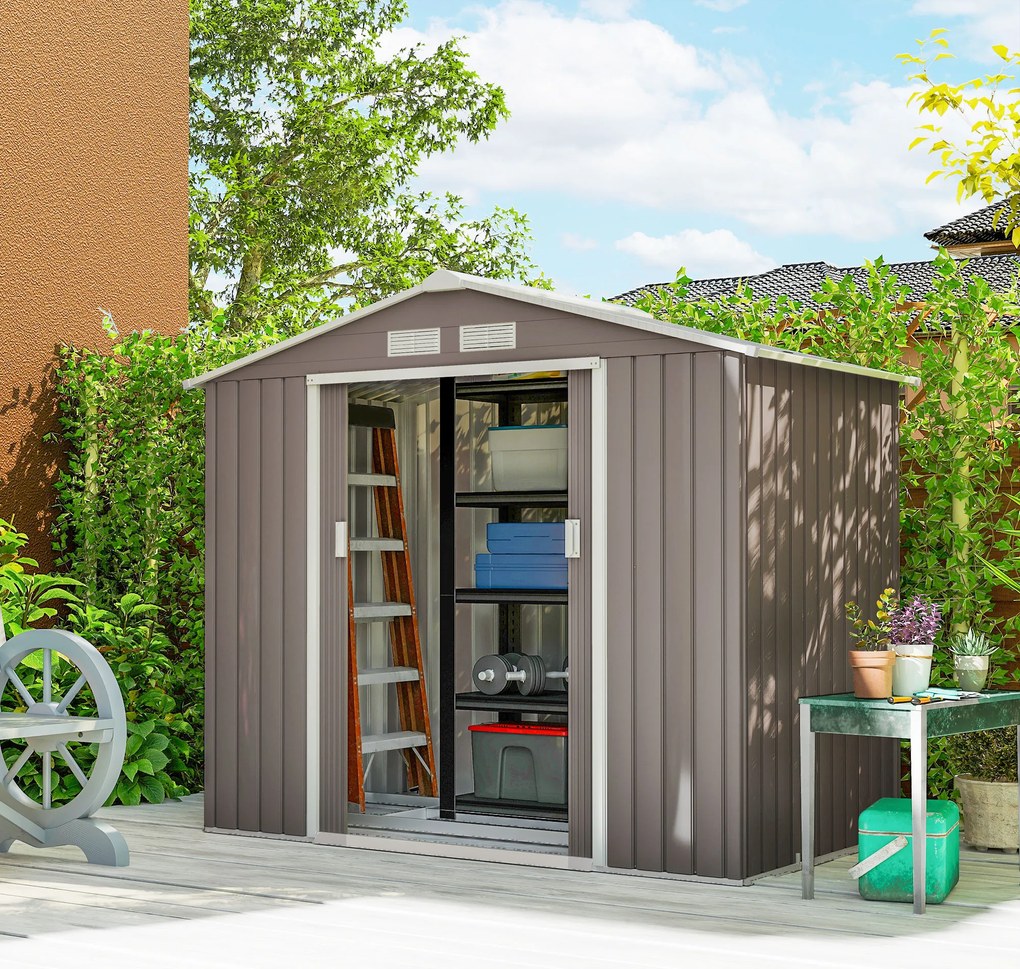 Outsunny Αποθήκη Εργαλείων με Συρόμενες Πόρτες 2,13 x 1,30 x 1,85cm Μέταλλο Γκρι