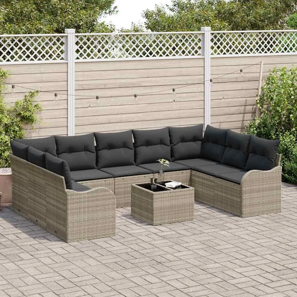 vidaXL Σετ Καναπέ Κήπου με μαξιλάρι 10 pcs Ανοιχτό γκρι Πολυ ράταν