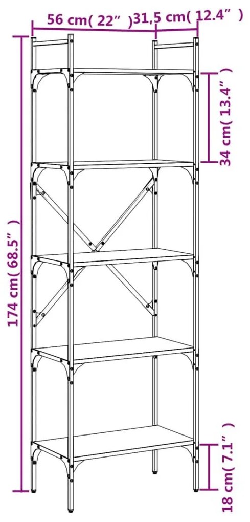 Βιβλιοθήκη 5 Επιπέδων Γκρι Sonoma 56x31,5x174 εκ. Επεξ. Ξύλο - Γκρι