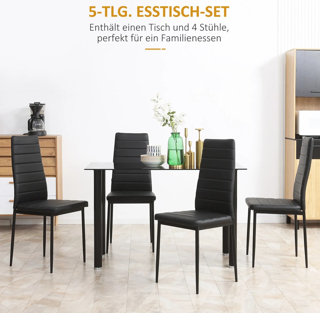 Σετ τραπεζαρίας 5 τεμαχίων, σετ καθιστικού, τραπέζι τραπεζαρίας με 4 καρέκλες, μοντέρνος σχεδιασμός, γυάλινο τραπέζι, Μαύρο