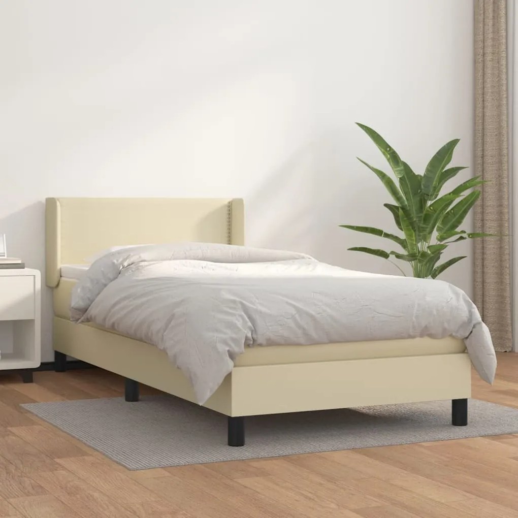 vidaXL Κρεβάτι Boxspring με Στρώμα Κρεμ 90x200 εκ. από Συνθετικό Δέρμα