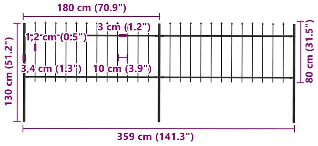 vidaXL Κάγκελα Περίφραξης με Λόγχες Μαύρα 3,4 x 0,8 μ. από Χάλυβα
