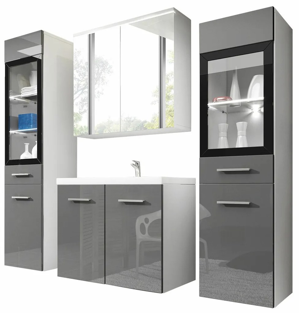 Σετ μπάνιου Sarasota 140, 120x35cm, 67 kg, Γυαλιστερό γκρι, Άσπρο, Πλαστικοποιημένη μοριοσανίδα, Καθρέφτης, Στυλ: Μοντέρνο, Ξεχωριστά μέρη, Γκρι