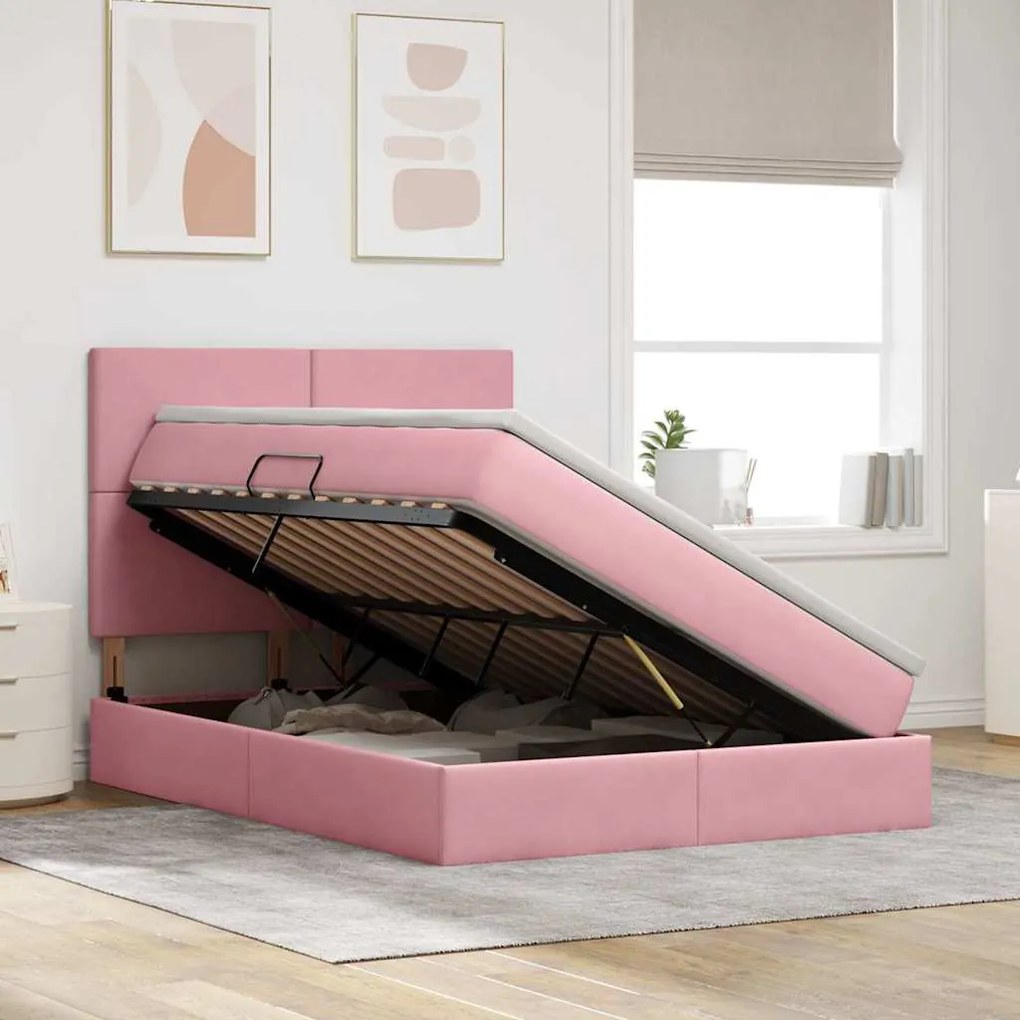 vidaXL Κρεβάτι με αποθηκευτικό χώρο και LED Ροζ 140 x 190 cm Βελούδο