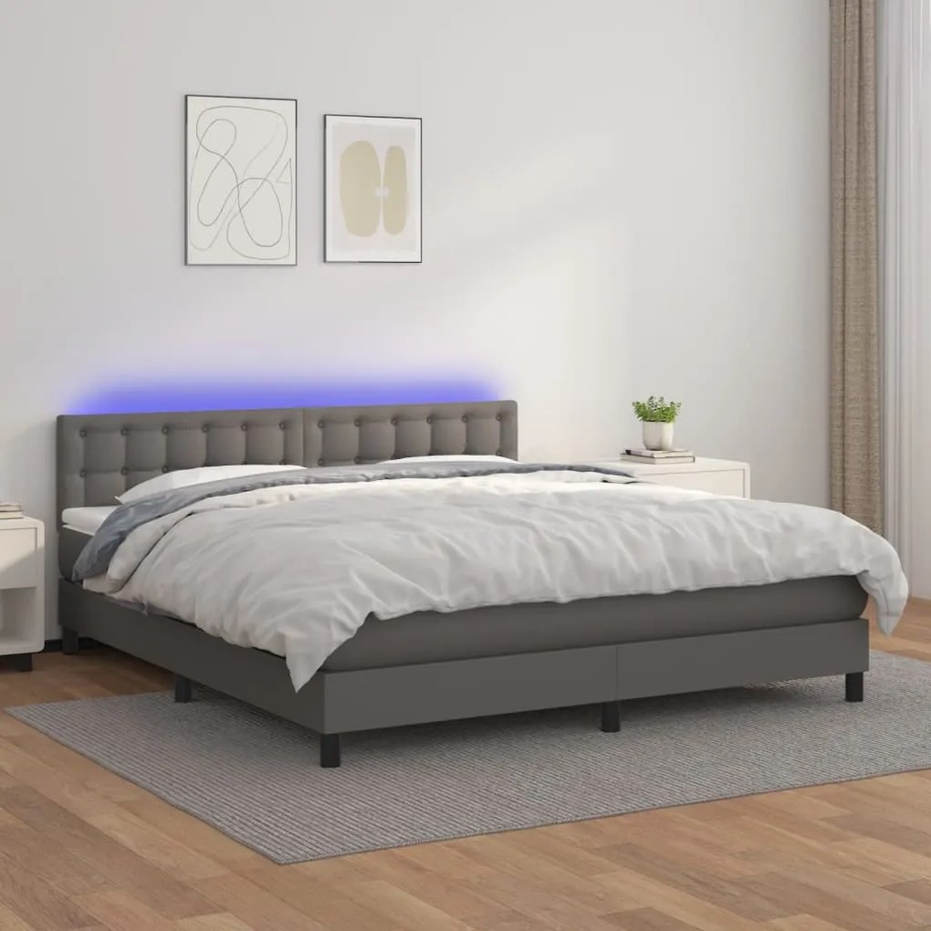 Κρεβάτι Boxspring με Στρώμα &amp; LED Γκρι 160x200 εκ. Συνθ. Δέρμα - Γκρι