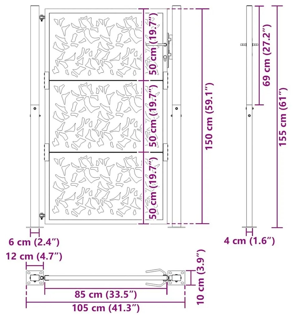 Πύλη κήπου 105x155 cm από χάλυβα με φύλλα καιρικές συνθήκες - Καφέ