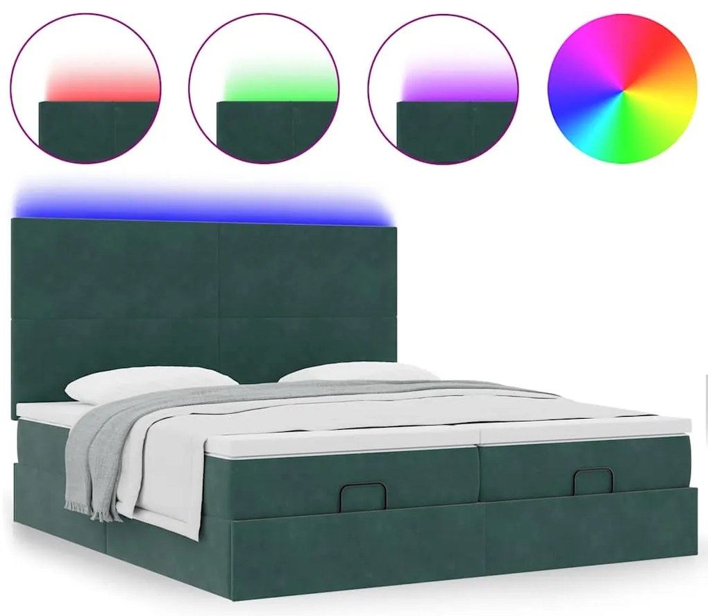 vidaXL Οθωμανικό κρεβάτι με στρώματα & LEDs Σκούρο πράσινο Βελούδο