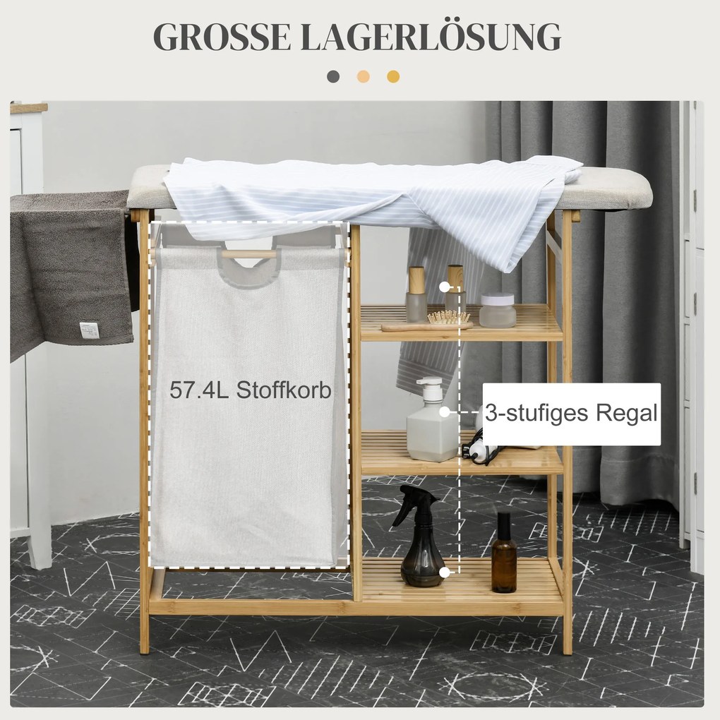 HOMCOM Συλλέκτης Ρούχων, Πολυλειτουργικός, Σιδερώστρα &amp; Υφασμάτινος Σάκος 57L, Μπαμπού Σκελετός, 113x34x82cm, Φυσικό/Γκρι