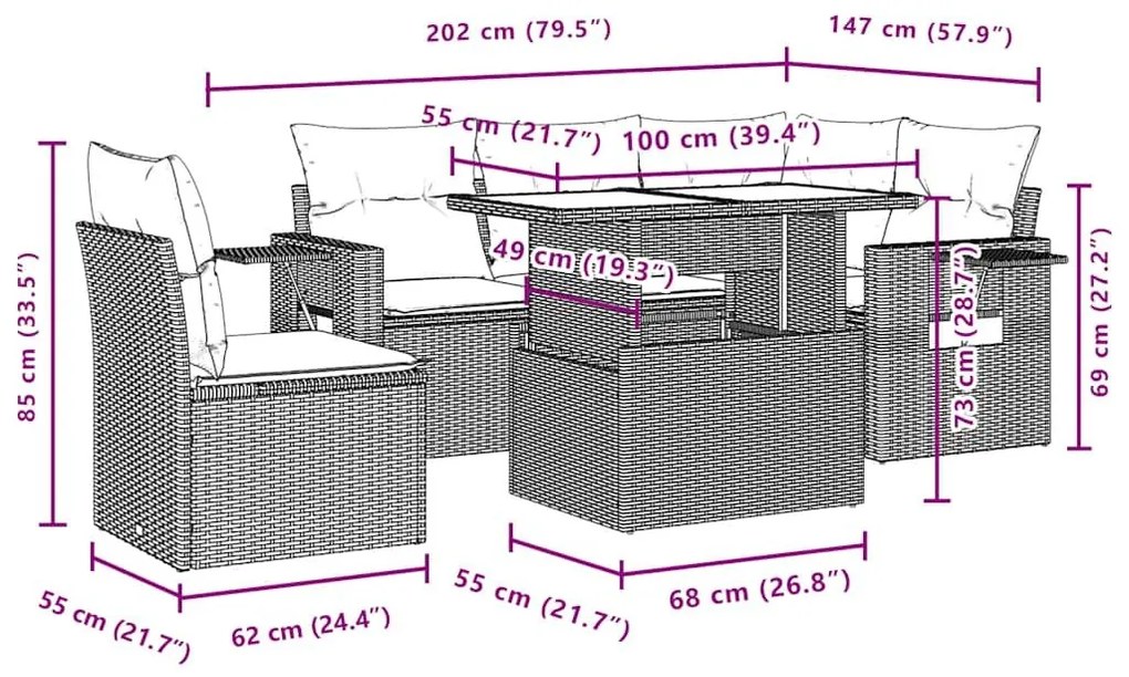 Σαλόνι Κήπου Σετ 6 Τεμαχίων Γκρι Συνθετικό Ρατάν με Μαξιλάρια - Γκρι