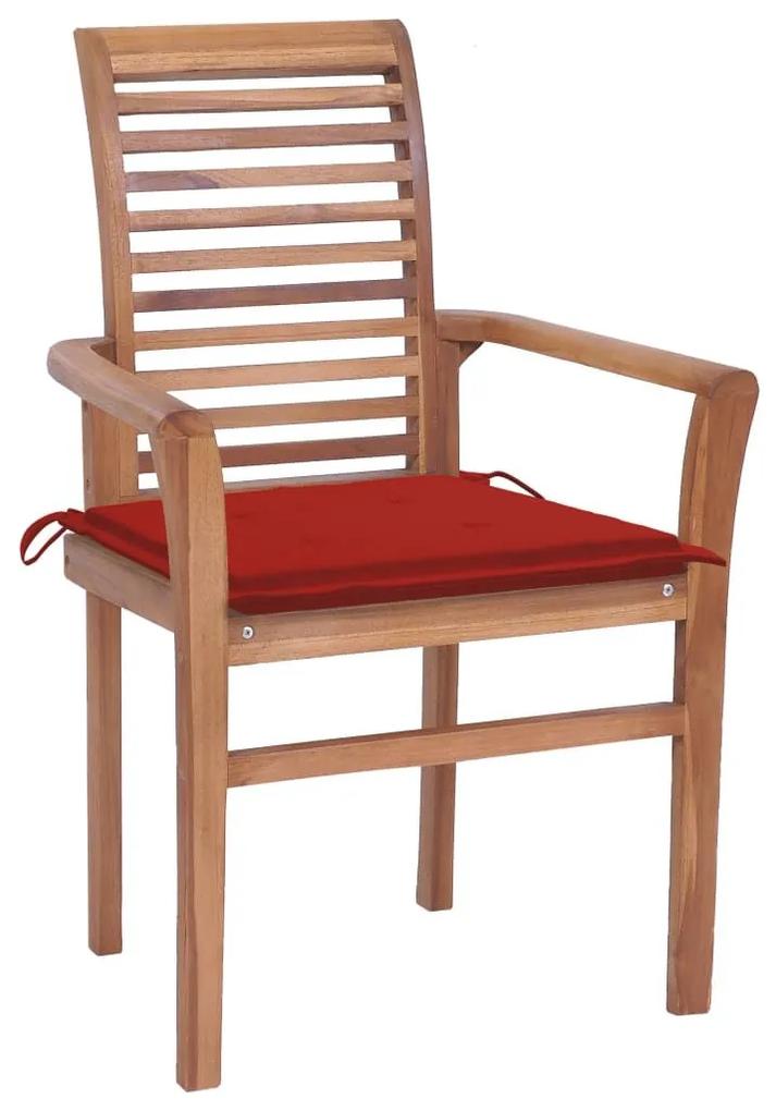 Καρέκλες Τραπεζαρίας 4 τεμ. Μασίφ Ξύλο Teak &amp; Κόκκινα Μαξιλάρια - Κόκκινο