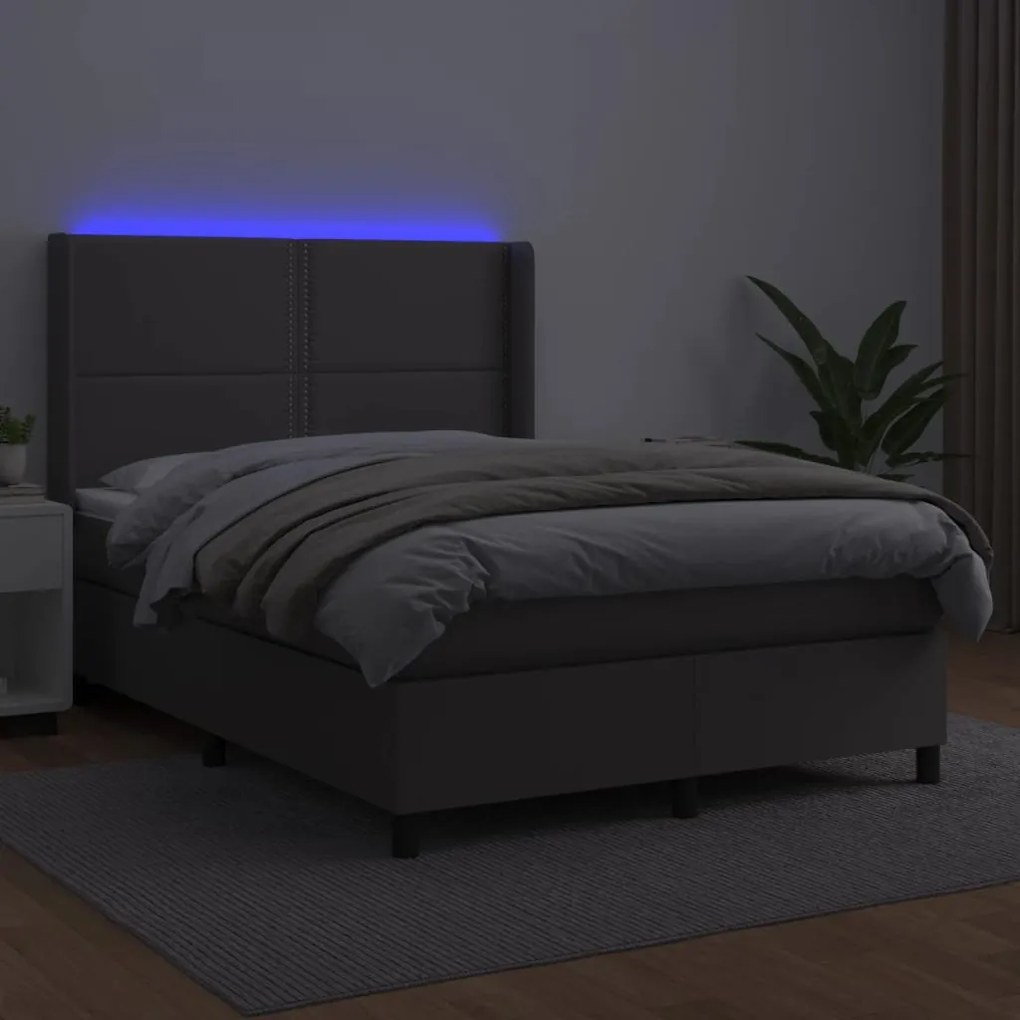 vidaXL Κρεβάτι Boxspring με Στρώμα & LED Γκρι 140x200 εκ. Συνθ. Δέρμα