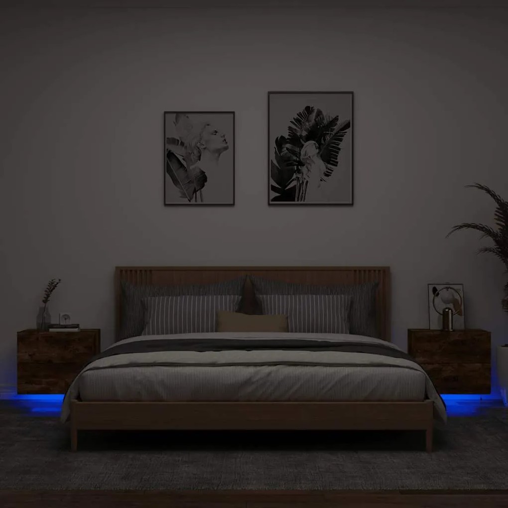 vidaXL Κομοδίνα Επιτοίχια με Φώτα LED 2 τεμ. Καπνιστή Δρυς